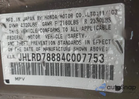 2004 Honda Cr-V Ex из США, поврежденный, VIN JHLRD78884C007753